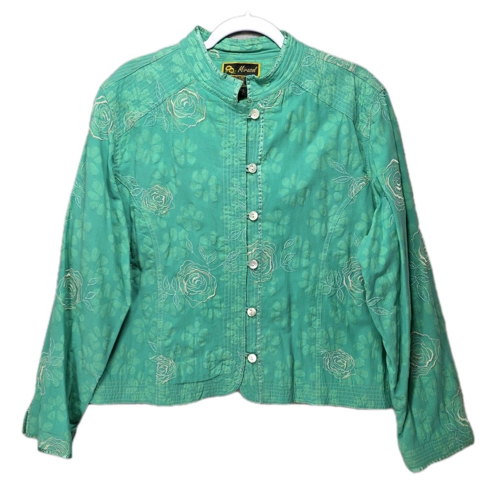 Vtg Mirasol Y2K Jacket Shirt Womens XL Embroidered Floral Boho Pearl Button Up